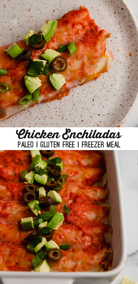 Collage with text \"Chicken Enchiladas Paleo | Gluten Free | Freezer Meal.\"