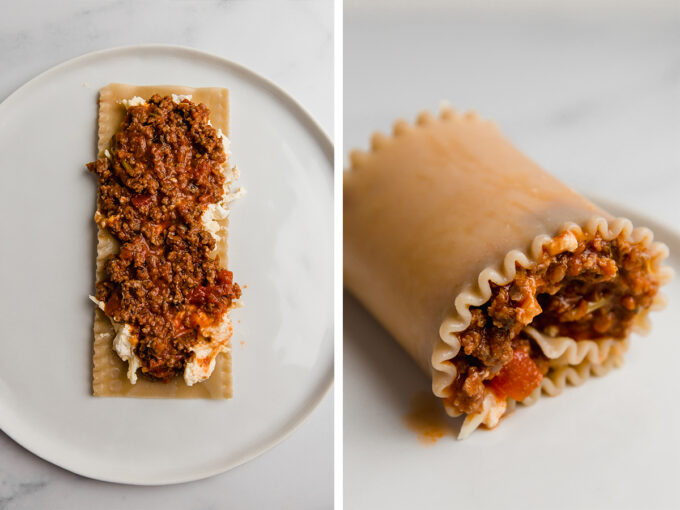 lasagna roll ups on plate, in progress of being rolled