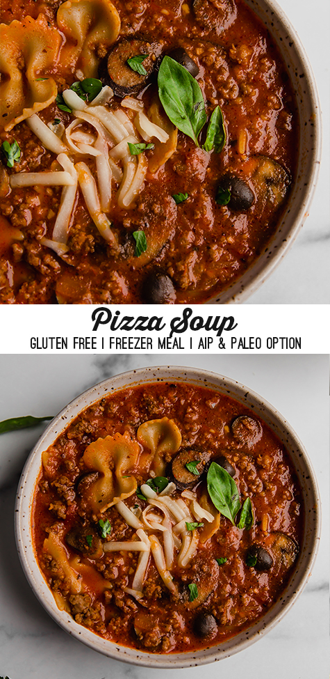 Collage with text \"Pizza Soup Gluten Free | Freezer Meal | AIP & Paleo Option.\"