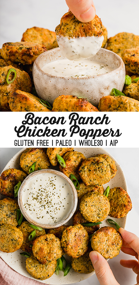 Collage with text \"Bacon Ranch Chicken Poppers Gluten Free | Paleo | Whole30 | AIP.\"