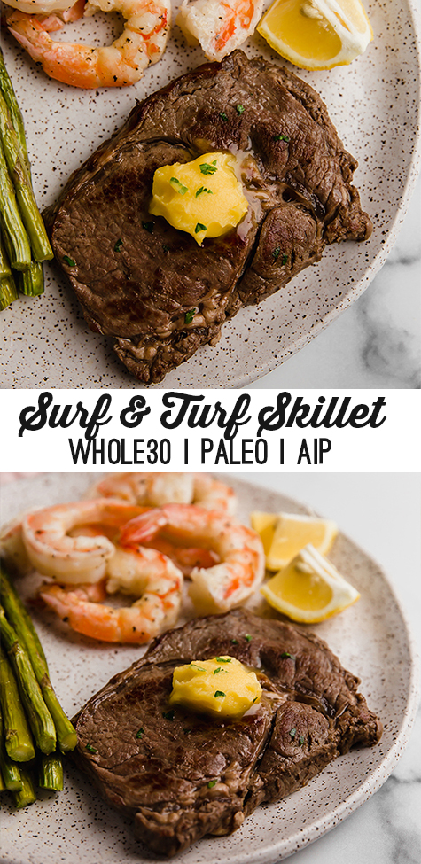 Collage with text \"Surf & Turk Skillet Whole30 | Paleo | AIP.\"