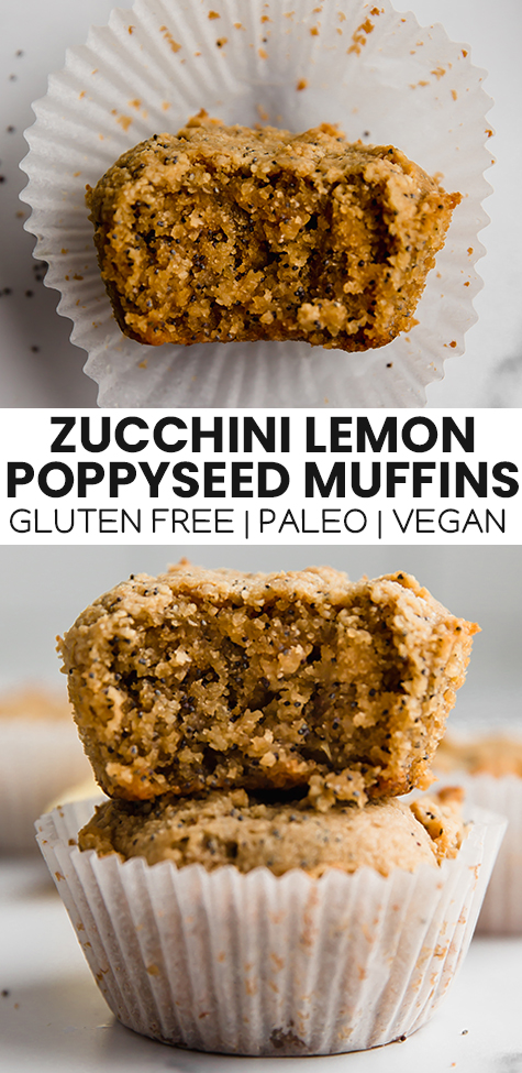 Collage with text \"Zucchini Lemon Poppyseed Muffins Gluten Free | Paleo | Vegan.\"