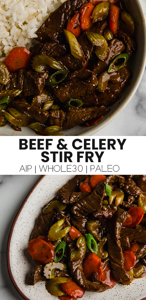 Collage with text \"Beef & Celery Stir Fry AIP | Whole30 | Paleo.\"