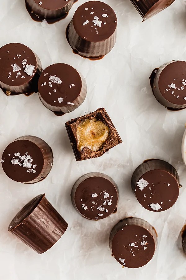 Salted caramel cup on a white surface.