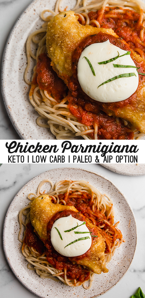 Collage with text \"Chicken Parmigiana Keto | Low Carb | Paleo & AIP Option.\"