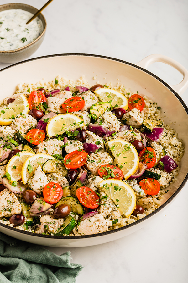 one pan greek chicken meal prep in skillet