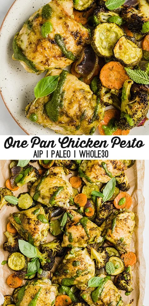 Collage with text \"One Pan Chicken Pesto AIP | Paleo | Whole30.\"