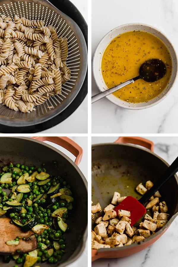 Progression of the preparation of the pasta salad
