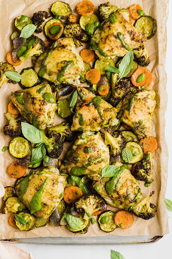 one pan chicken pesto on baking pan