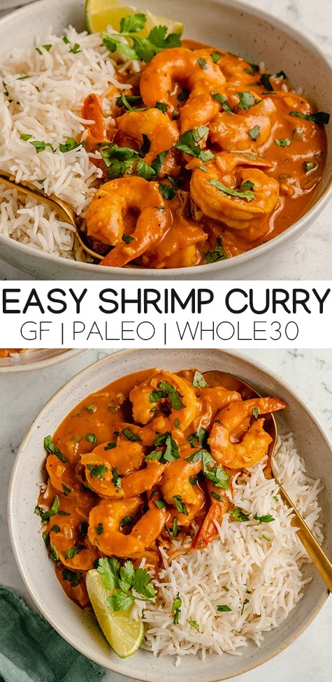 Collage with text \"Easy Shrimp Curry GF | Paleo | Whole30.\"