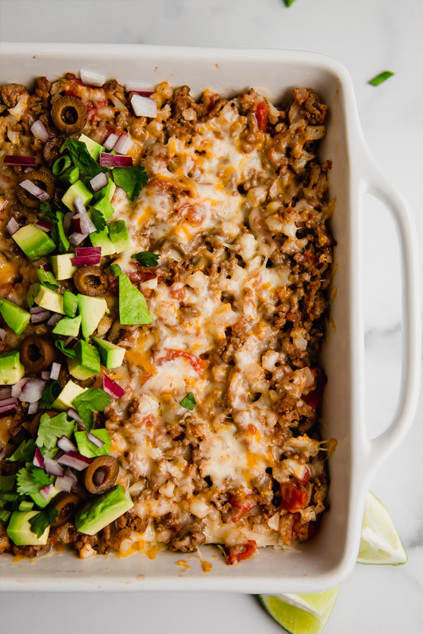 Taco casserole in a baking dish.