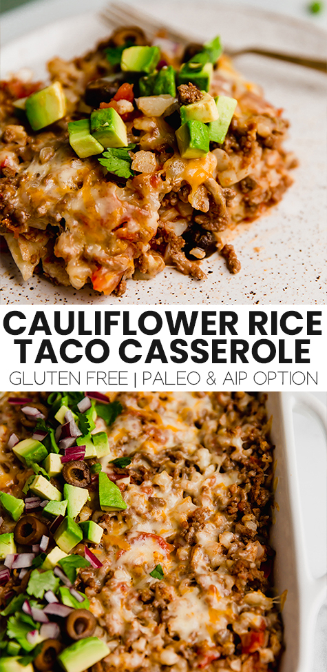 Collage with text \"Cauliflower Rice Taco Casserole Gluten Free | Paleo & AIP Option.\"