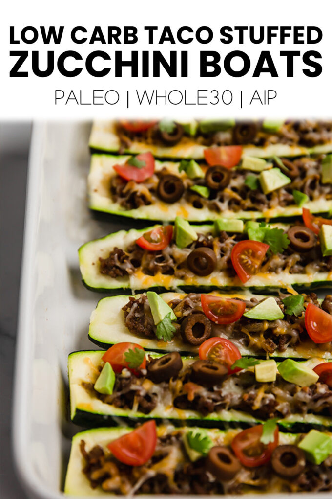 Food with text \"Low Carb Taco Stuffed Zucchini Boats Paleo | Whole30 | AIP.\"