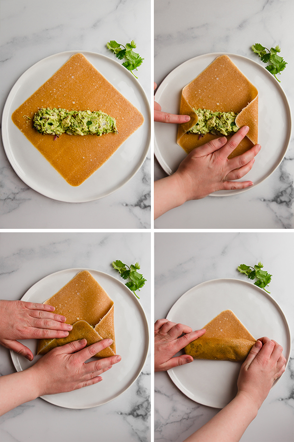 Process images of coconut wraps being stuffed and rolled