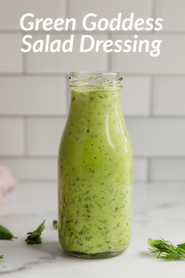 Jar labeled \"Green Goddess Salad Dressing.\"
