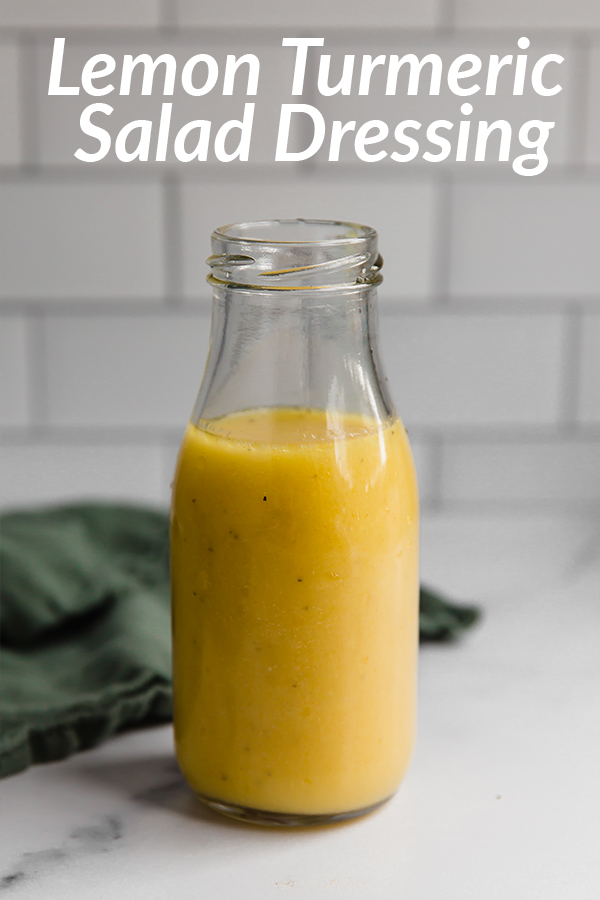 Jar labeled \"Lemon Turmeric Salad Dressing.\"