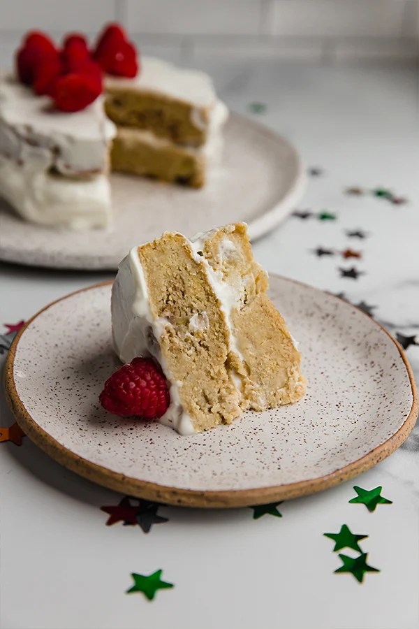Slice of cake on a plate.