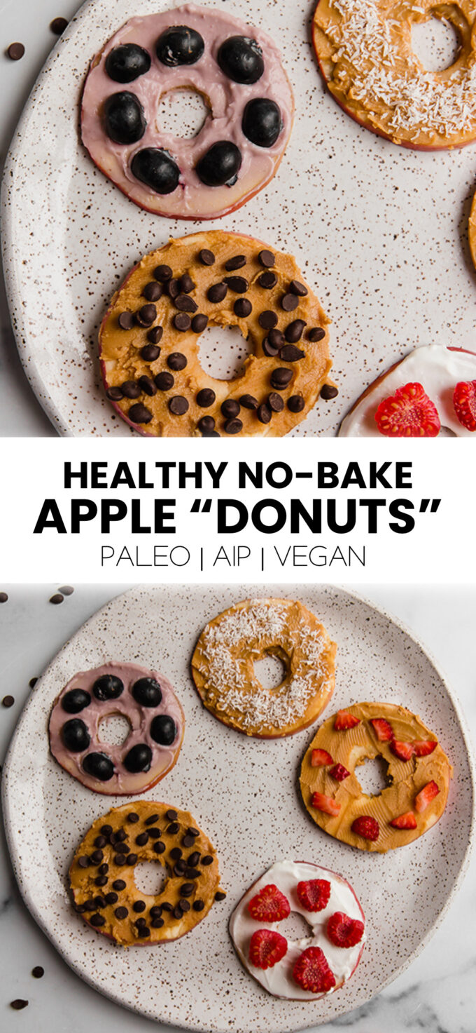 Collage with text \"Healthy No-Bake Apple \'Donuts\' Paleo | AIP | Vegan.\"