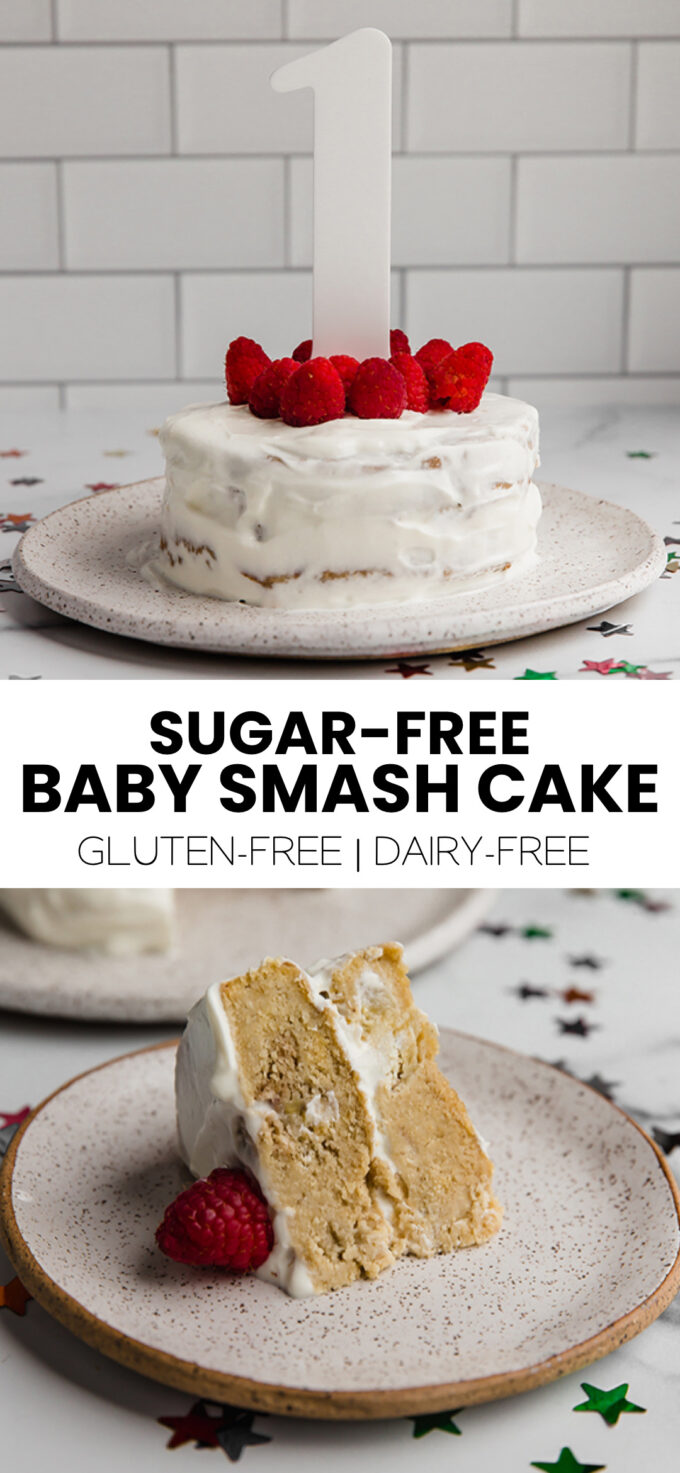 Collage with text \"Sugar-Free Baby Smash Cake Gluten-Free | Dairy-Free.\"