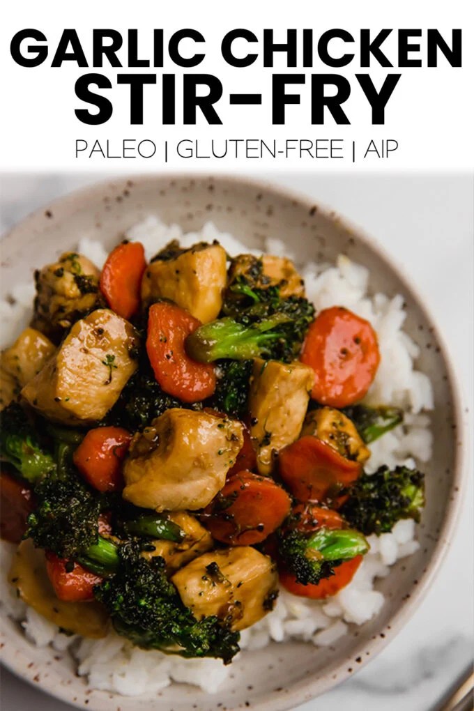 Food with text \"Honey Garlic Chicken Stir Fry Paleo | Gluten-Free | AIP.\"