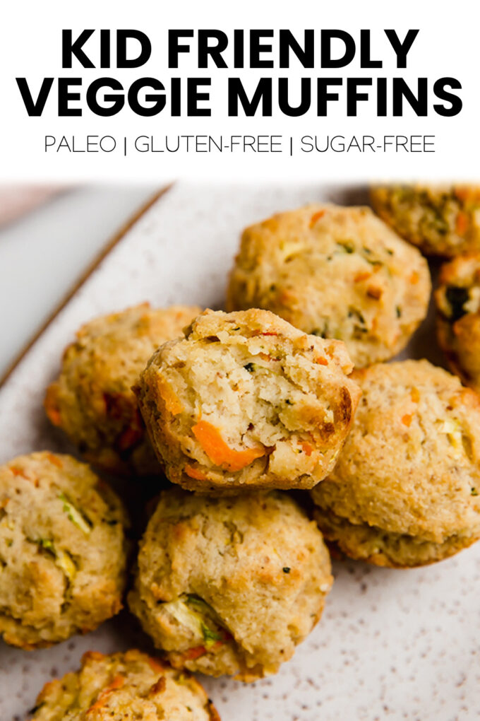 Muffins with text \"Kid Friendly Veggie Muffins Paleo | Gluten-Free | Sugar-Free.\"