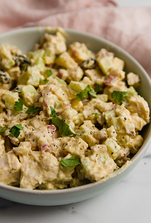 Yogurt curry chicken salad in a bowl.