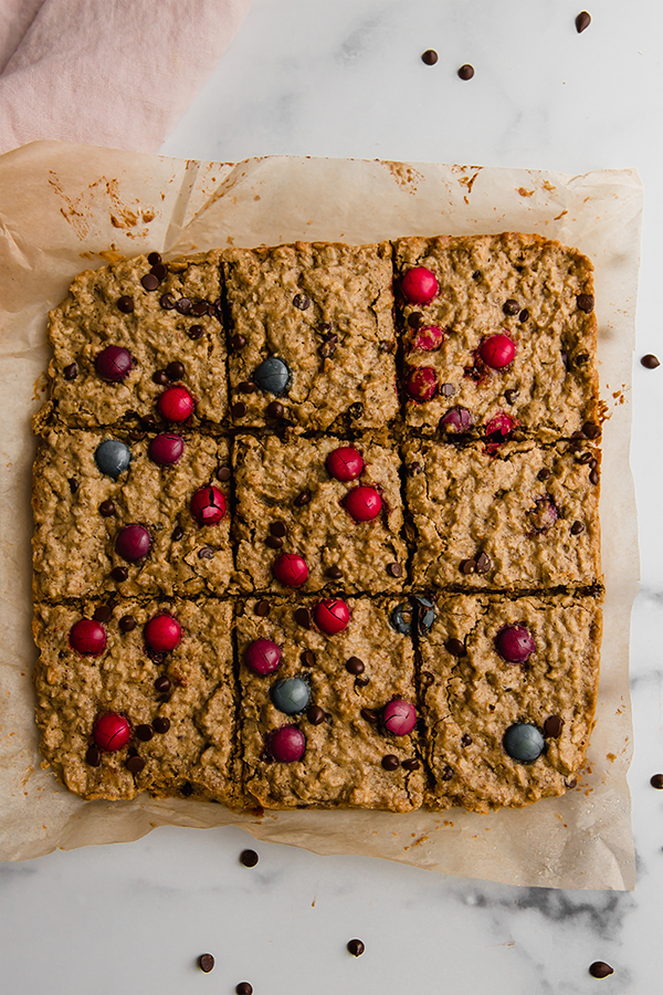 Top view of oatmeal breakfast bars cut on counter