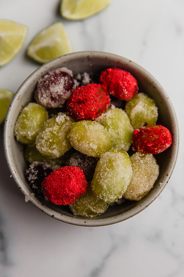 Sour patch grapes in bowl on counter