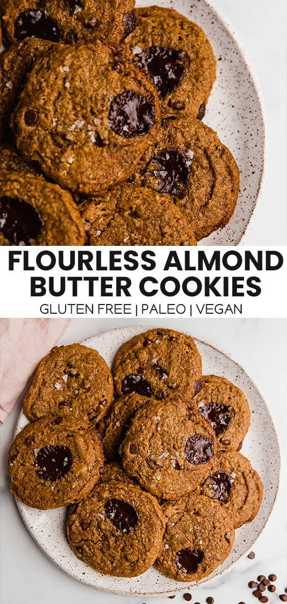 Collage with text \"Flourless Almond Butter Cookies Gluten Free | Paleo | Vegan.\"