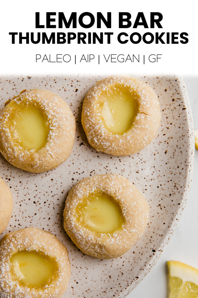 Cookies with text \"Lemon Bar Thumbprint Cookies Paleo | AIP | Vegan | GF.\"