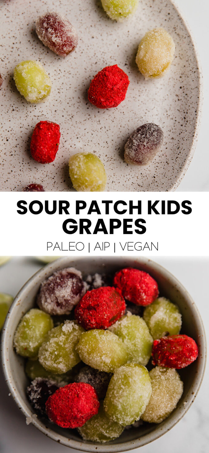 Collage with text \"Sour Patch Kids Grapes Paleo | AIP | Vegan.\"