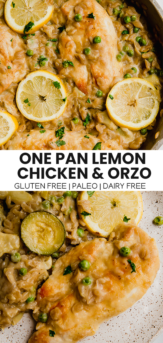 Collage with text \"One Pan Lemon Chicken & Orzo Gluten Free | Paleo | Dairy Free.\"