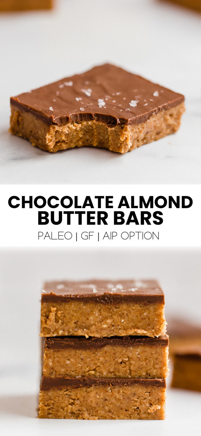 Collage with text \"Chocolate Almond Butter Bars Paleo | GF | AIP Option.\"