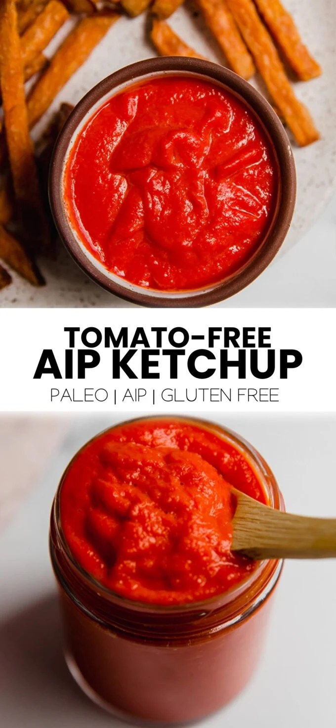 Collage with text \"Tomato-Free AIP Ketchup Paleo | AIP | Gluten-Free.\"