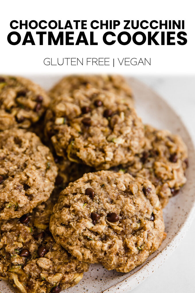 Cookies with text \"Chocolate Chip Oatmeal Zucchini Cookies Gluten Free | Vegan.\"