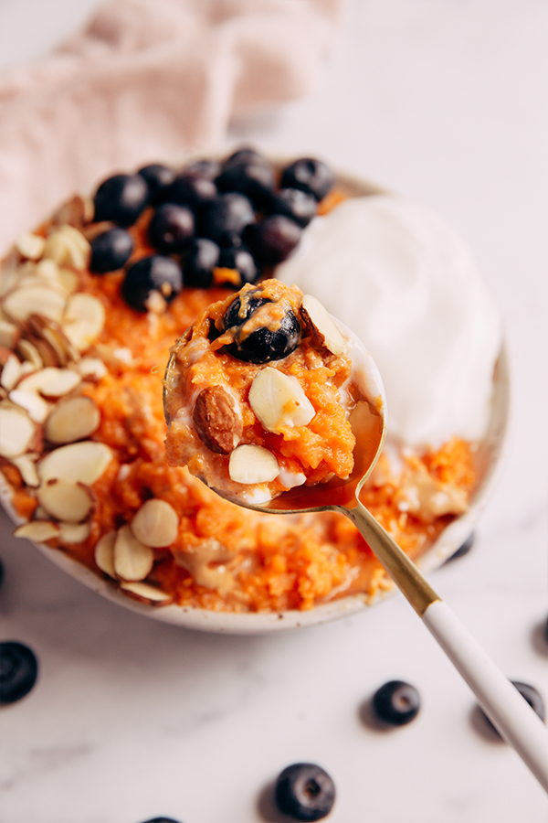Spoonful of sweet potato breakfast bowl