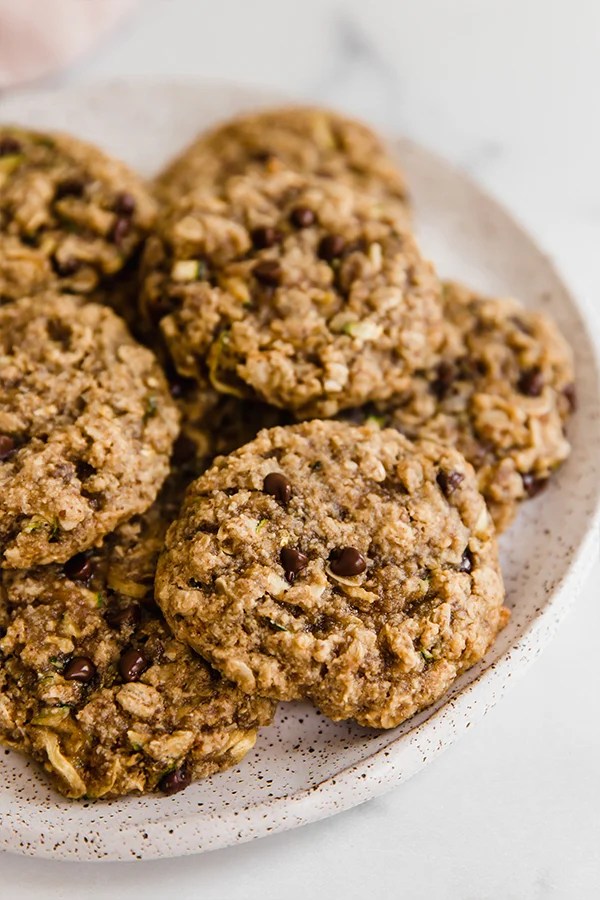 Plate of chocolate chip oatmeal zucchini cookies.