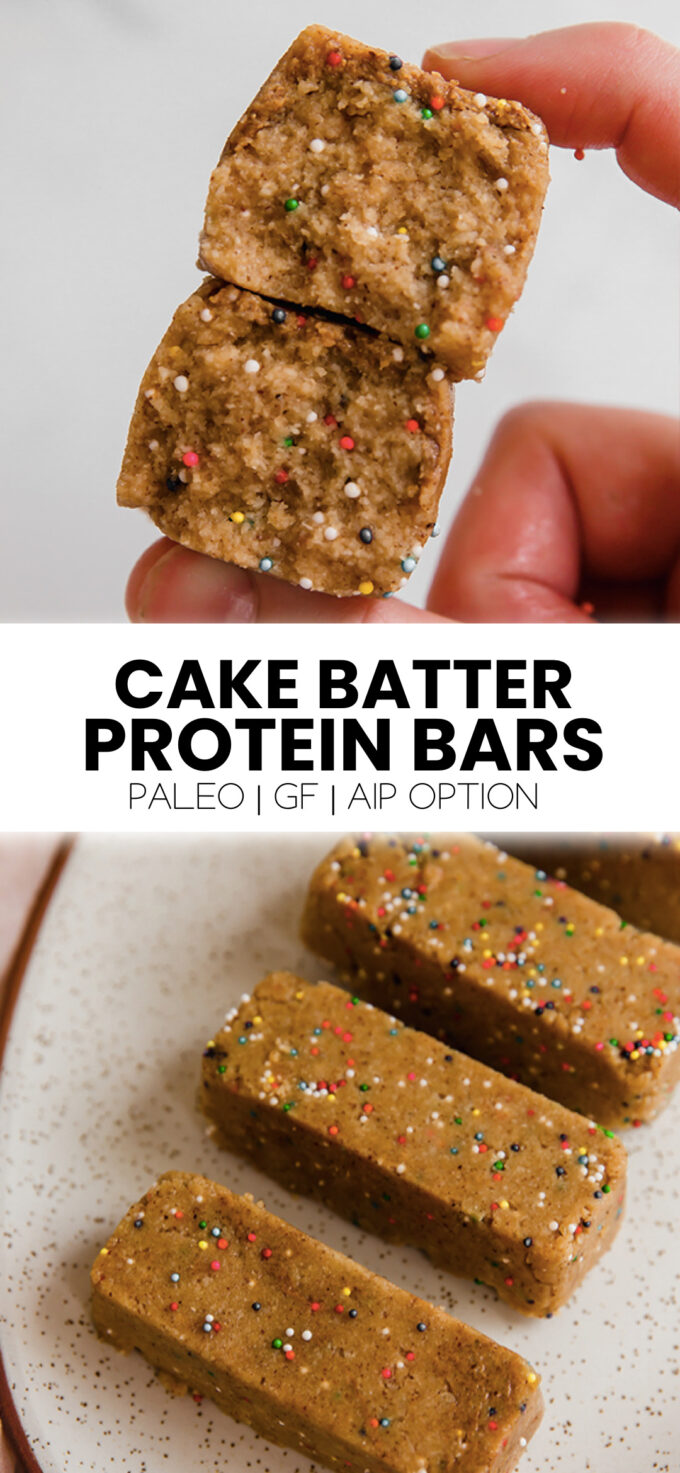 Collage with text \"Cake Batter Protein Bars Paleo | GF | AIP Option.\"