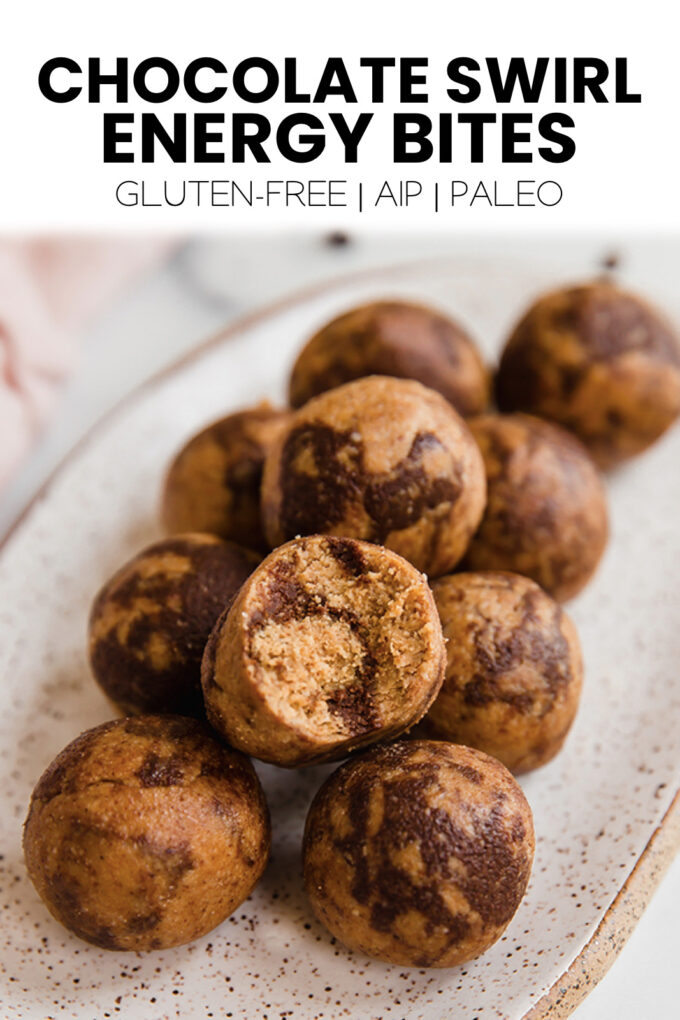 Energy bites with text \"Chocolate Swirl Energy Bites Gluten-Free | AIP | Paleo.\"