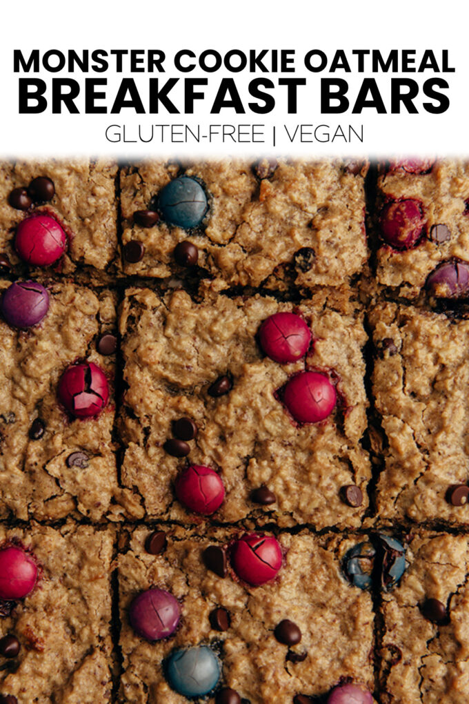 Breakfast bars with text \"Monster Cookie Oatmeal Breakfast Bars Gluten-Free | Vegan.\"