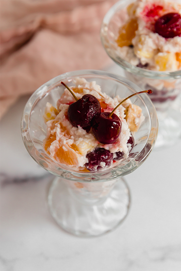 Cherries on an ambrosia salad.