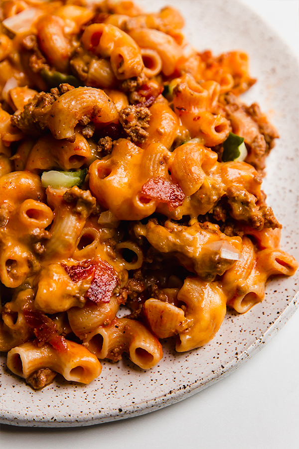 Plate of bacon cheeseburger pasta bake.