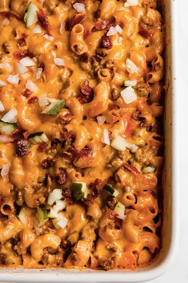 Baking dish of bacon cheeseburger pasta.