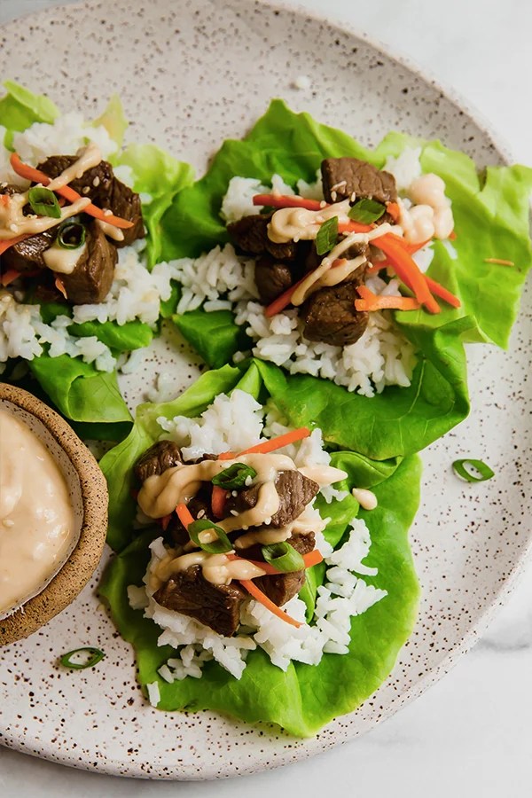 Hibachi steak and rice on lettuce.