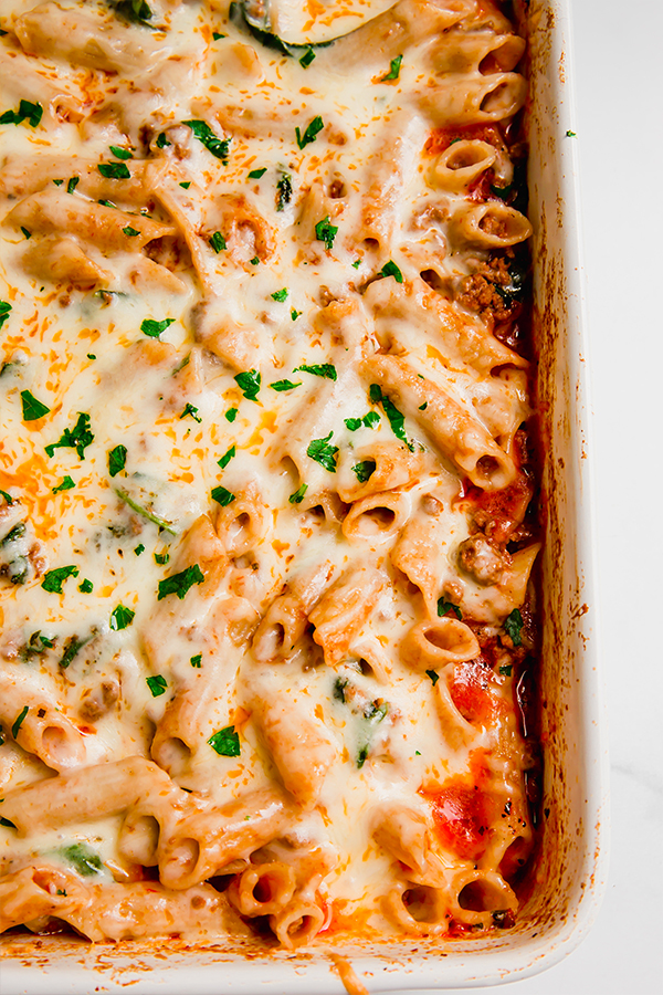 No boil pasta bake in a baking dish.