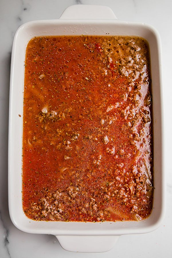 Ingredients uncooked in a baking dish.