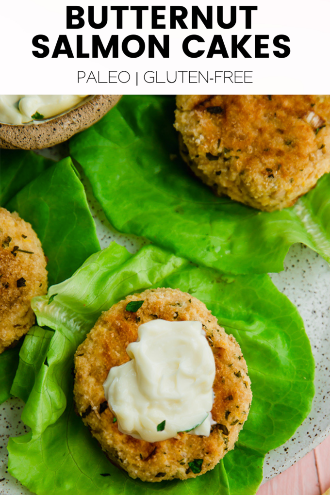Salmon cakes with text \"Butternut Salmon Cakes Paleo | Gluten-Free.\"