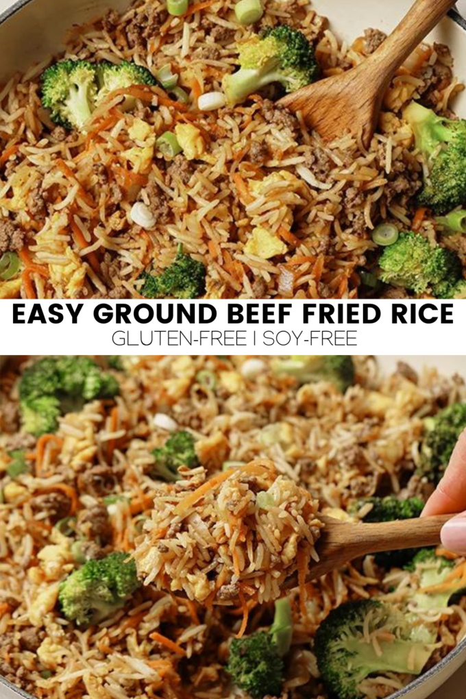 Collage with text \"Easy Ground Beef Fried Rice Gluten-Free | Soy-Free.\"