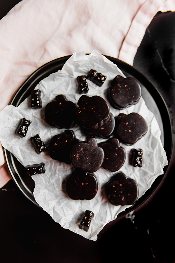 Spooky gummies on a plate.