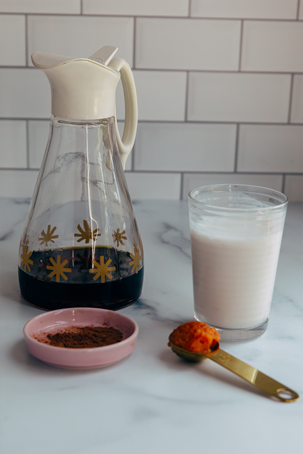 Ingredients including almond milk, pumpkin puree, and pumpkin spice.